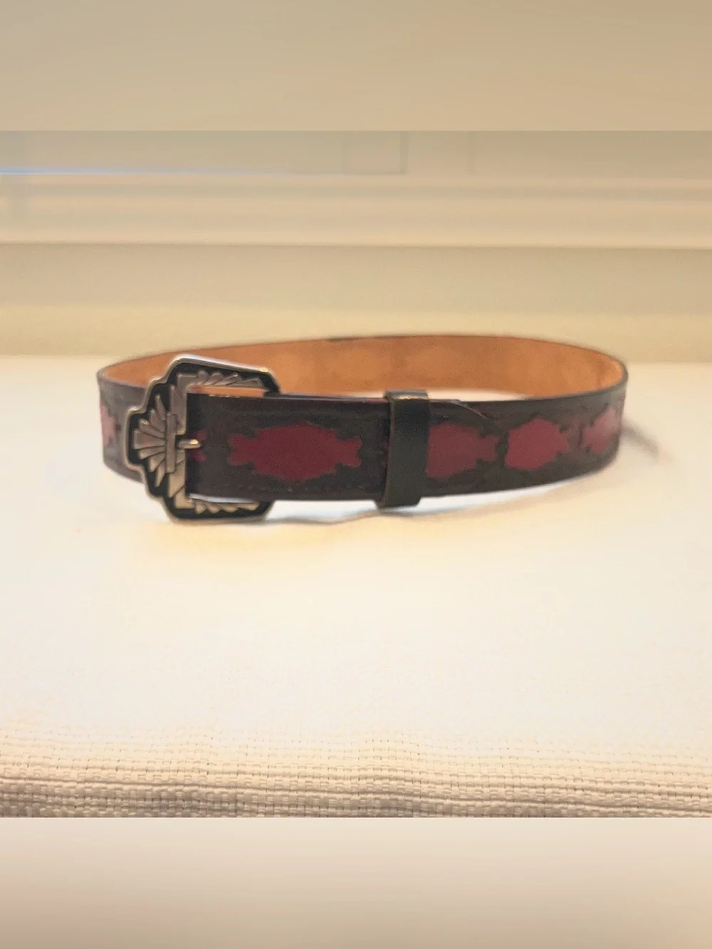 Vtg Leatherock Tooled Leather Western Belt Size M Burgundy Black